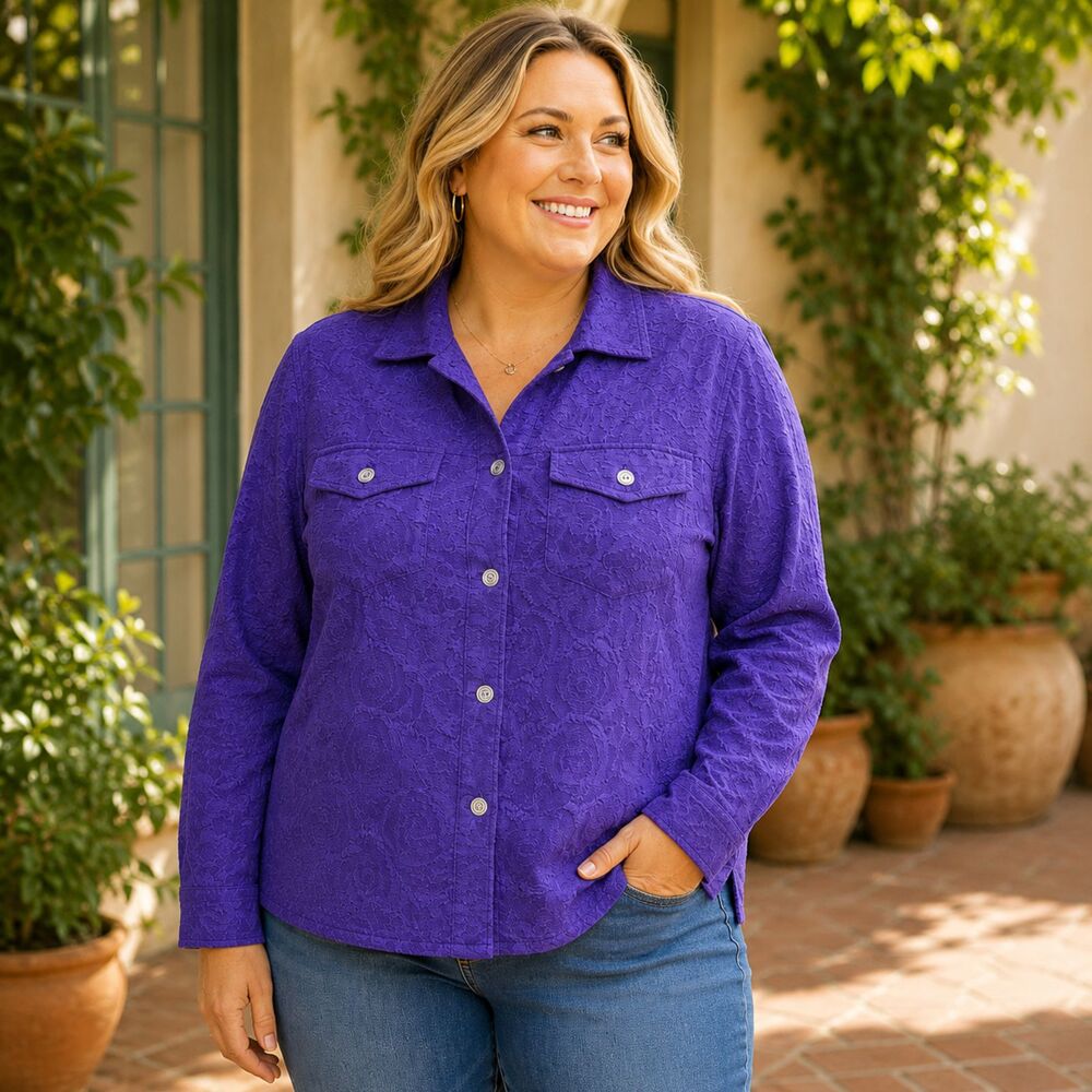 Chico’s Purple Textured Button Front Shirt Jacket Size 2 US 12 Large Bold Artsy